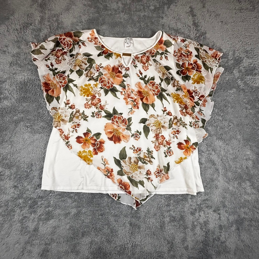 Naif Floral Layered Poncho Top White Chiffon Overlay Keyhole Neck DT5520X